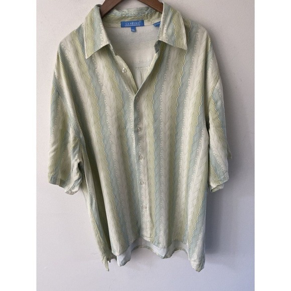 Lanzzino Mens Green Blue White Striped Short Sleeve Button Down 100% Rayon